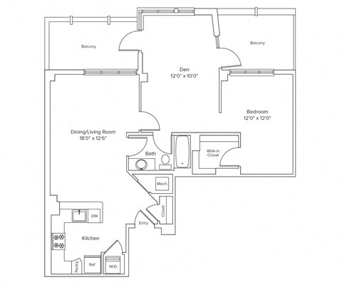 Floor plan for 1 bed, 1 bath, 899 sqft